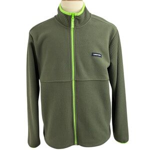 Men’s Lands' End Olive Green Grid Fleece Full Zip Jacket with Lime Accents L